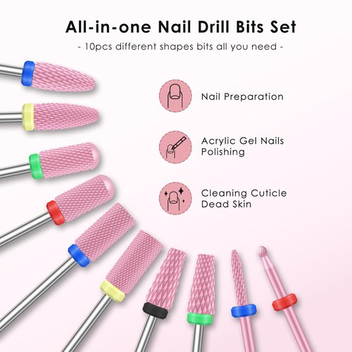 Depvko 10PCS Ceramic Nail Drill Bits, Professional 3/32 inch Electric Manicure Pedicure Drill Bits Nail Tech Set for Acrylic Gel Nails, Efile Cuticle Remover Safety Bit for Nail Drill File, Pink