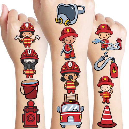 96 PCS Firefighter Day Temporary Tattoos Sticker Car Fire Truck Themed Birthday Party Decorations Favors Supplies Gifts Boys Girls Baby Shower Adult Cute Tattoo School Prizes Reward Themed