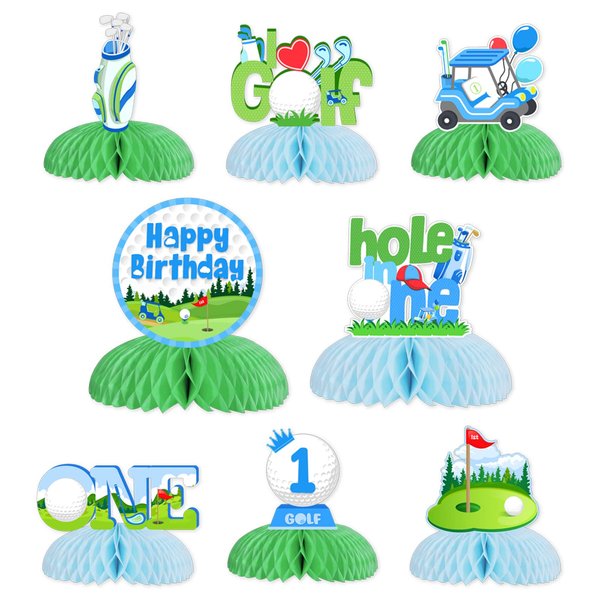 Fangleland 8 Pack Golf Honeycomb Centerpieces Golf 1st Birthday Party Decorations, Hole in One First Birthday Party Supplies for 1 Year Old Boys Sports Table Sign
