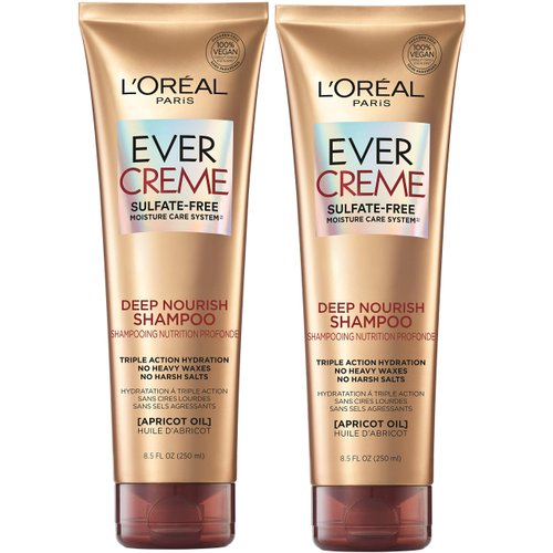 L'Oreal Paris EverCreme Sulfate Free Shampoo for Dry Hair, Triple Action Hydration for Dry, Brittle or Color Treated Hair, with Apricot Oil, 8.5 Fl; Oz (Pack of 2) (Packaging May Vary)