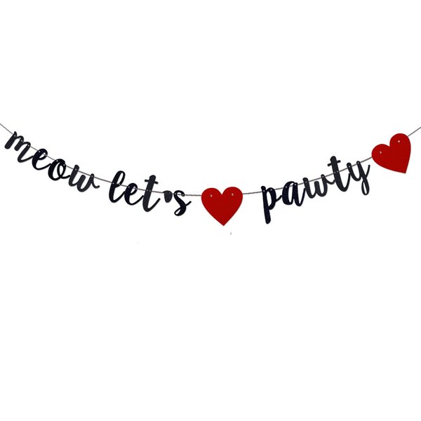 Meow Let's Pawty Banner Black Glitter , Pet Kitty Birthday Wedding Anniversay Party Bunting Sign, Cat Birthday Banner, Kitten Theme / Baby Shower / Cat Pet Birthday Party Supplies Pre-strung