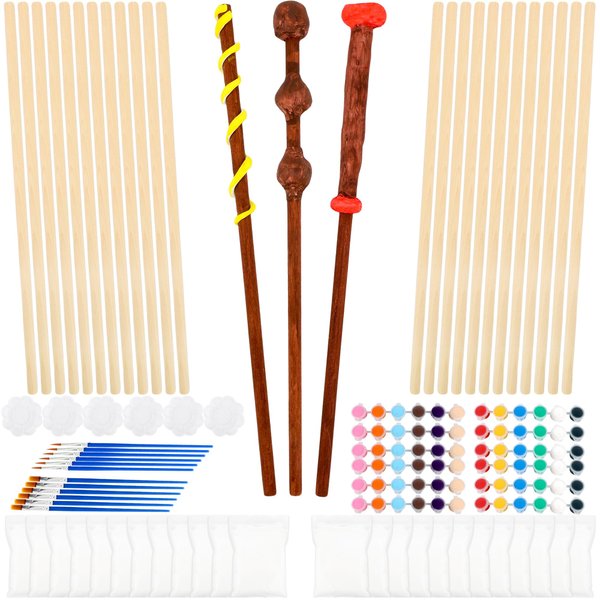 78 Pcs Magic Wizard Wand Making Kit DIY Wood Wizard Wands Art Craft Unfinished Wooden Witch Wands with Painting Tools for Cosplay Masquerade Halloween Supplies School Student Activities