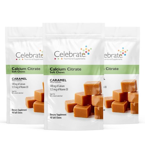 Celebrate Vitamins Calcium Citrate Soft Chews - 500mg Calcium Citrate, 500 IU Vitamin D3 - Bone Health Support - Sugar & Gluten Free, Calcium Supplement After Bariatric Surgery, Caramel, 270 Count