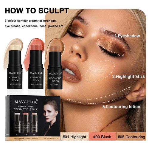 Contour Stick Makeup Set, 2024 New Face Stick Cream Blush, Bronzer Stick, Highlighter Stick for Face with Makeup Brush, Long Lasting & Natural Makeup Contour Stick for Beginner, 3 Colors (#01, 03, 05)