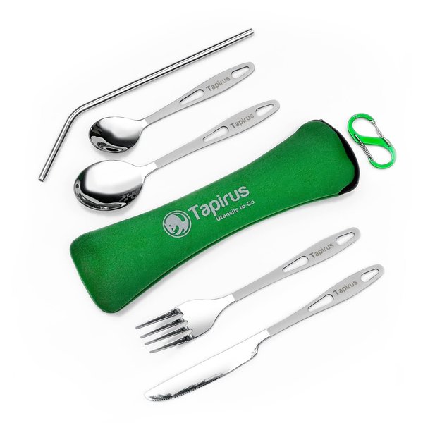 Tapirus Camp Utensils To Go | 6-piece Portable Set | Durable Stainless Steel | Light Weight Silverware With Waterproof Carrying Case | Ideal Equipment For Your Meal On The Go | Carabiner Included