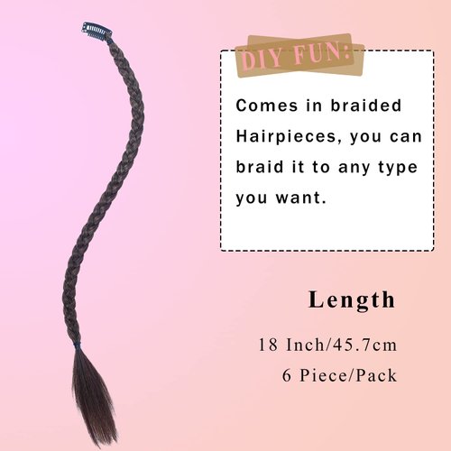 Braid Hair Extensions 6 Pcs Baby Braids Front Side Bang Long Braided Ponytail Extension 18inch Clip in Hair Extensions Straight Synthetic Hairpieces Natural Soft Synthetic Hair for Women Kids Girls Daily Wear (Brown Mix Golden)
