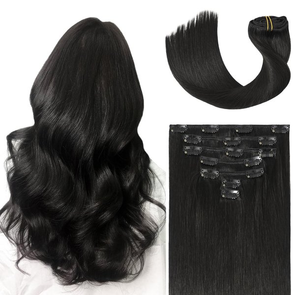 Ukira Natural Black Clip in Hair Extensions Real Human Hair, 12 Inch 70g 7pcs Remy Human Hair Clip in Extensions, Ntural Straight Seamless Clip in Hair Extensions Black Women