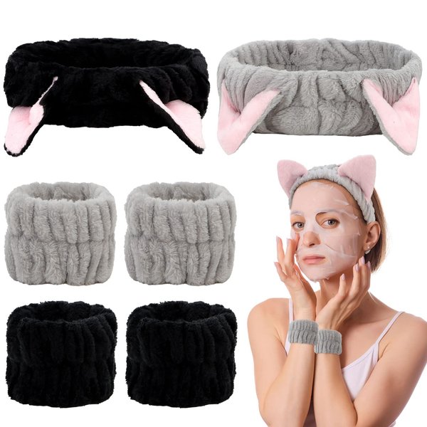 AMCAMI 6 Pcs Spa Headband Face Wash Headband and Wristband Set, Cute Make Up Cat Ears Headband Plush Animal Makeup Skincare Headbands with Face Washing Wristband for Women