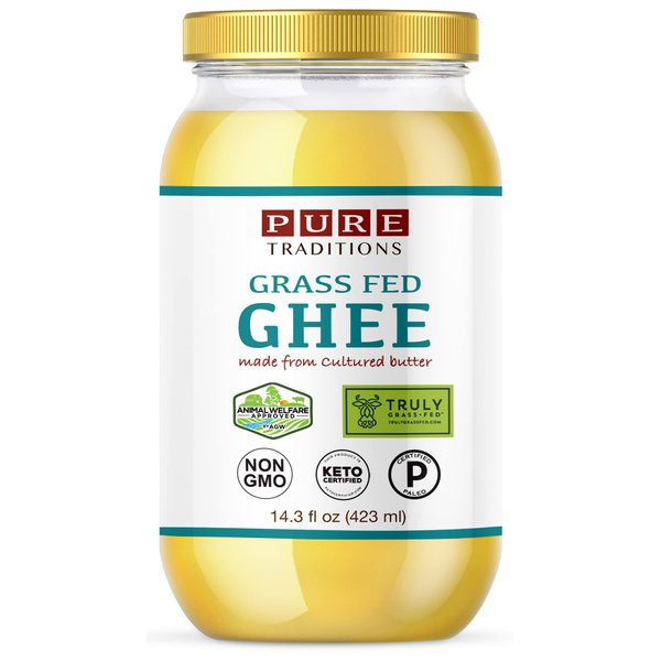 Grass-Fed Cultured Ghee, Certified Paleo, Keto Certified, Truly Grass Fed Certified 14.3 fl oz) glass jar