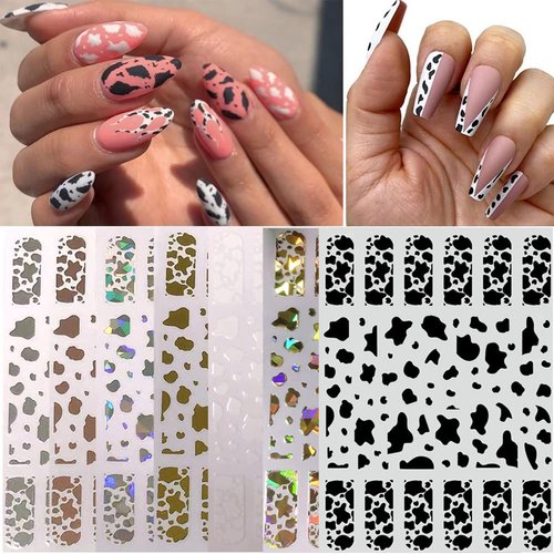 7 Sheets Gold Nail Art Stickers,Graffiti Nail Decals 3D Self-adhesive Nail Art Supplies Metal Laser Cow Graffiti Gold Silver Black Nail Art Design Manicure Tips DIY Nail Decoration,for Women Girl Kids