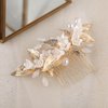 Handmade Ceramic Flower Wedding Hair Accessories for Women Rhinestone Pearl Gold Alloy Leaf Wedding Hair Comb Bridal Jewelry Trendy Wedding Headpiece for Bride