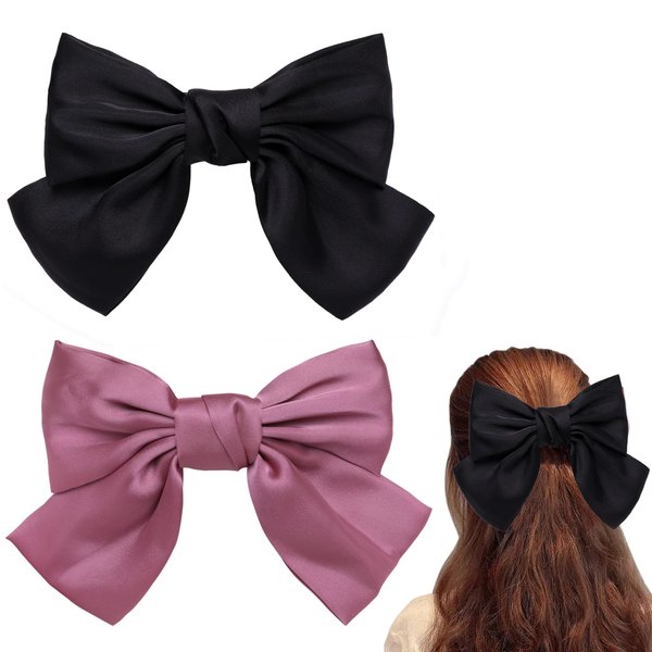 Big Black Hair Bow，2PCS Bow Hair Clips For Women Girls Pink Hair Bow Hair Barettes 8 Inch Satin Bow Hair Accessories For Women by Yerpkefey(Black Pink)