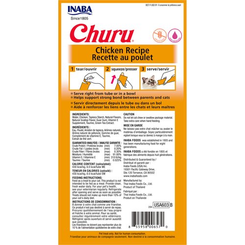 INABA Churu Cat Treats, Grain-Free, Lickable, Squeezable Creamy Purée Cat Treat/Topper with Vitamin E & Taurine, 0.5 Ounces Each Tube, 12 Tubes (4 per Pack), Chicken Recipe