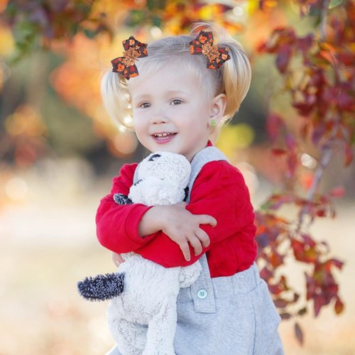 Hair Bow Clips Fall Thanksgiving Maple Leaf Ribbon Hair Bow Barrettes Bow Hair Brown Grosgrain Hairpins Glitter Handmade Sparkle Sequins for Thin Thick Thanksgiving Hair Decor 2PCS