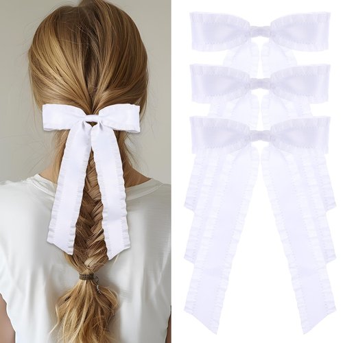 Andibro 3Pcs Hair Clips for Women, Tassel Ribbon Bowknot Hair Clip With Long Tail White Hair Bows Barrettes Hair Accessories(White)