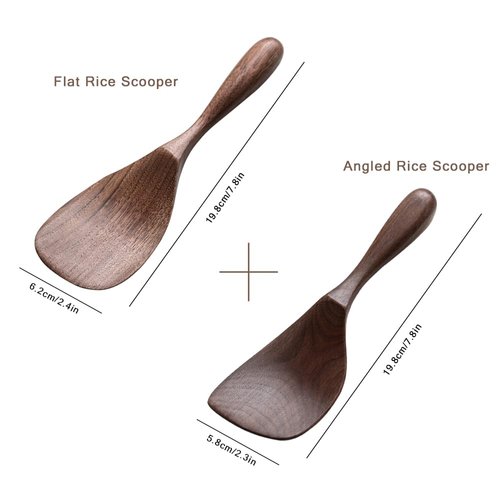 MIGAKU HOME Black Walnut Wooden Cooking Spoons Set - 1 Flat + 1 Angled Rice Scooper, Durable & Eco-Friendly for Cooking & Serving - Perfect for Kitchen Enthusiasts and Gourmet Lovers