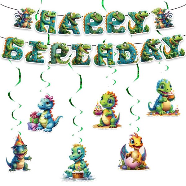 Dinosaur Birthday Party Supplies Banner and 6*Hanging Swirls for Dinosaur Birthday Decorations,Kids Boys and Girls for Birthday Party Decorations Happy Theme.