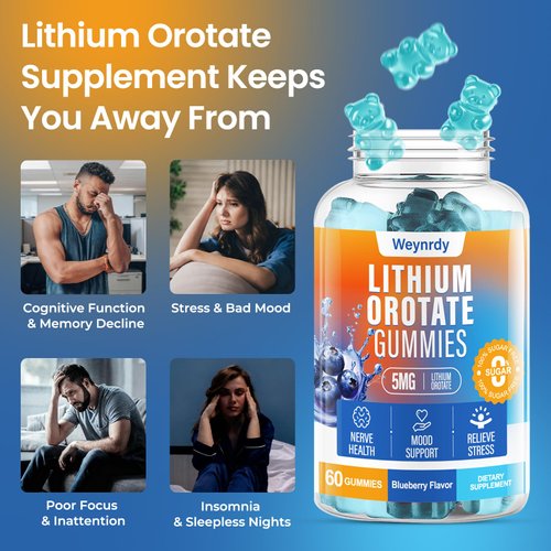 Lithium Orotate 5mg Gummies for Adults and Kids, Low-Dose Chelated Lithium Orotate for Mood Support & Cognitive Improvement, Sugar-Free, Non-GMO, Gluten-Free, Vegan-Friendly, Blueberry Flavor, 60