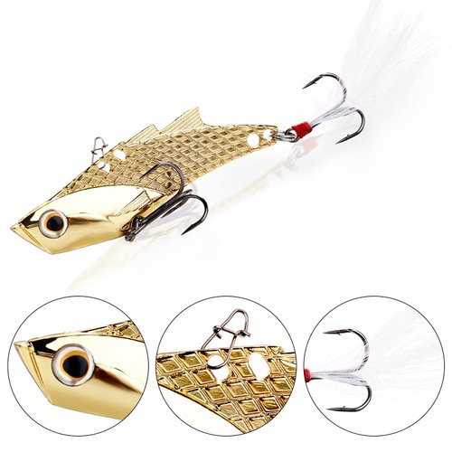 YONGZHI Fishing Lures Metal VIB Hard Spinner Blade Baits with Feathers Treble Hooks for Bass Walleyes Trout Fishing Spoons (Silver and Gold)