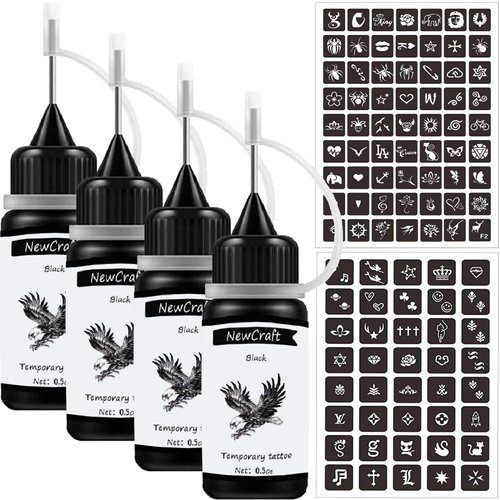 NewCraft 4 Packs Black Temporary Tattoo Ink and Stencils for Women Men Kids, Trend DIY Fake Freckles 103 Pcs Stencils Temporary Tattoo Kit