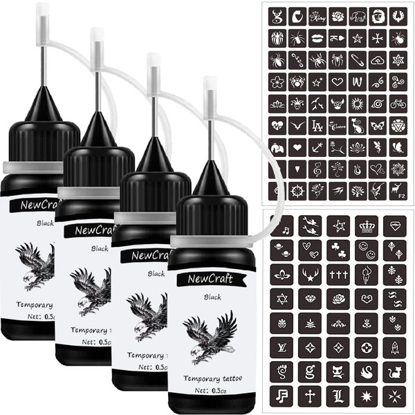 NewCraft 4 Packs Black Temporary Tattoo Ink and Stencils for Women Men Kids, Trend DIY Fake Freckles 103 Pcs Stencils Temporary Tattoo Kit