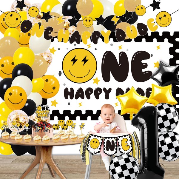 One Happy Dude Birthday Decorations,First birthday Party Supplies 1st birthday decorations Balloon Kit for Boys and Girls Party Decor Yellow Black Lightening Checkered Backdrop Favors