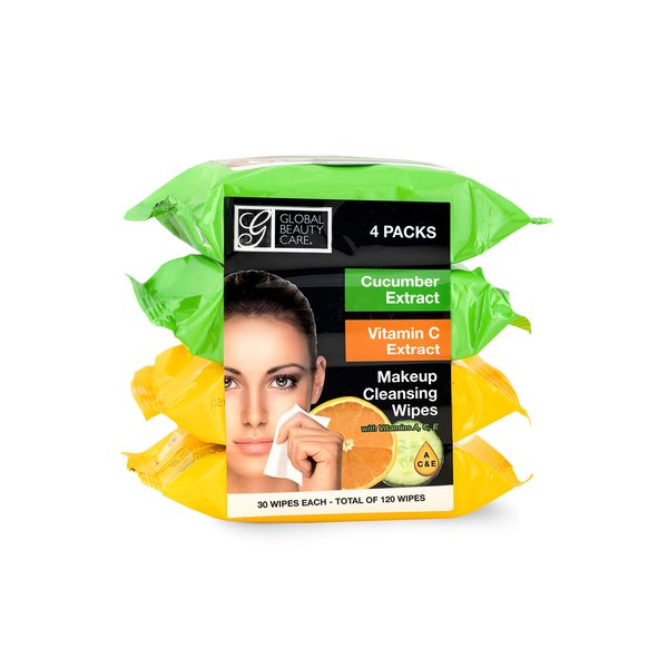 Global Beauty Care Cleansing Makeup Removal Wipes Bulk - Great for travel toiletries - 120 Count (4-Pack) (Cucumber & Vitamin C)