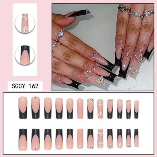 LPOODDNU Black French Tip Press on Nails Long 3D Metal Butterfly Fake Nails Extra Long Glue on Nails Glossy Full Cover Artificial False Nail Tips Long Square Stick on Nails for Women Nail Decorations