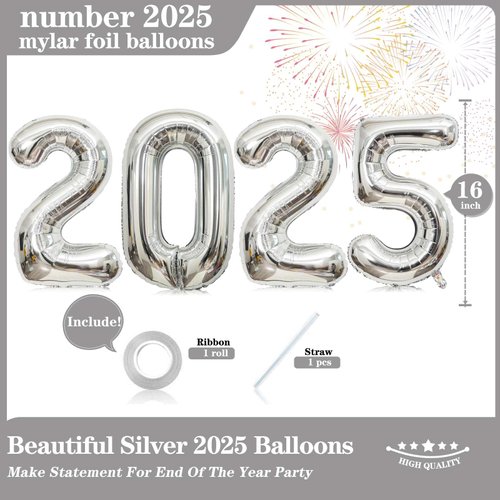 16 Inch Silver Number 2025 Balloons, Big 2025 Number Balloons New Year Foil Silver Balloons for 2025 Happy New Year Eve Celebration Decorations Party Supplies New Years 2025 Balloons Silver