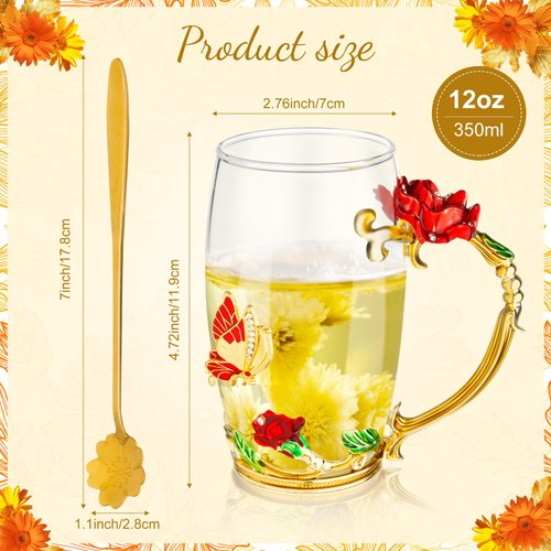 Tioncy 2 Sets Gifts for Mom Birthday Gifts for Mom Women Enamel Flower Glass Tea Cup with Spoon Enamel Glass Coffee Mugs for Wife Sister Grandma, Mother's Day Graduation Retire Gifts(Red)