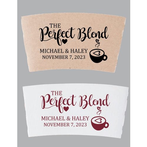 Personalized Wedding, Anniversary, Engagement Party Favors “The Perfect Blend” Coffee or Hot Chocolate Cup Sleeves, Kraft Paper Cup Sleeves, Eco-Friendly Disposable Corrugated Sleeves for 12-20oz Cups