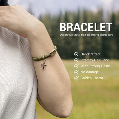 Bracelet Hair Ties for Thick Hair, 8mm Thick Hair Tie Bracelets for women with Gold Charm Cute Ponytail Holders Accessories No Damage for Girls Elastic Hair Bands No Slip Hair Ties for High Pony tails