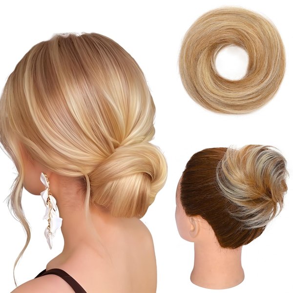Hairro Messy Hair Bun Hair Piece For Women Human Hair Scrunchies Real Hair Updo Hairpieces Wrap On Instant Up-do with Elastic Rubber Band 1PC 23g #12P613 Golden Brown Mix Bleach Blonde