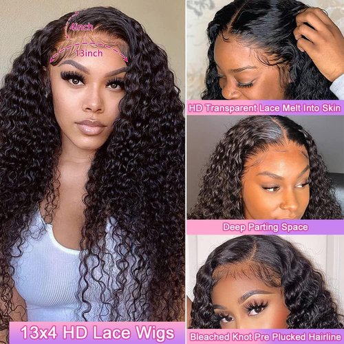 miear Deep Wave Lace Front Wigs Human Hair 180% Density HD Transparent 13x4 Deep Curly Lace Front Wigs Pre Plucked with Baby Hair Glueless Wigs Human Hair for Black Women 24Inch