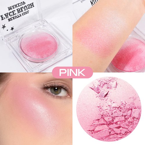 KYDA Pink Blush Powder, Pink Face Highlighter Baked Blush, Shimmer Blush for Natural Glowing Finish, Lasting Lightweight Buildable Easy To Blend-Pink
