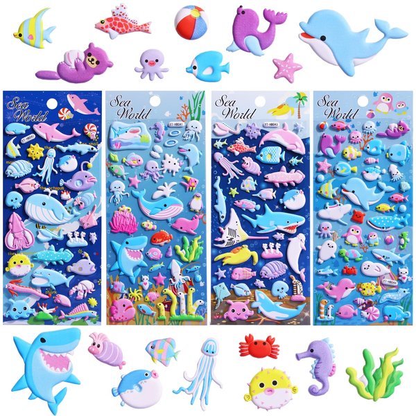 3d Puffy Stickers For Kids Toddler Foam Reusable Shark Fish Turtle Dolphin Whale Ocean Sea Creatures Animals Bubble Sticker For Boys Girls Reward Party Favors Holiday Decoration Arts Crafts(4 Sheets)