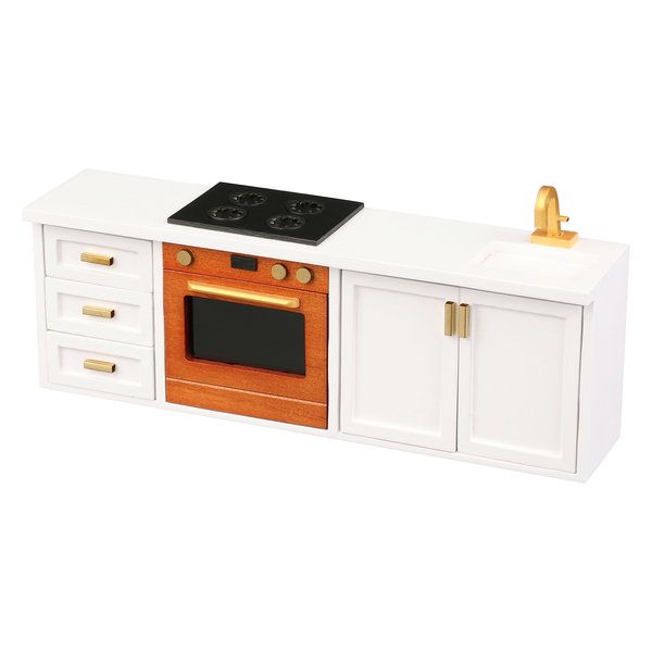 Wooden Dollhouse Kitchen Set, Dolls Stove Sink Oven Drawers, Miniature Dolls House Cabinet Accessories, 1/12 Scale, White
