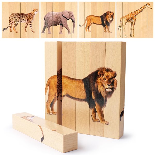 Wooden Puzzles for Toddlers 1-3: Animal Toddler Puzzles for 2-4 Years Old, Montessori Toys Learning Educational Chunky Puzzle, 4-in-1 Safari Animal Wooden Toys for Kids Baby Boys Girls Gifts