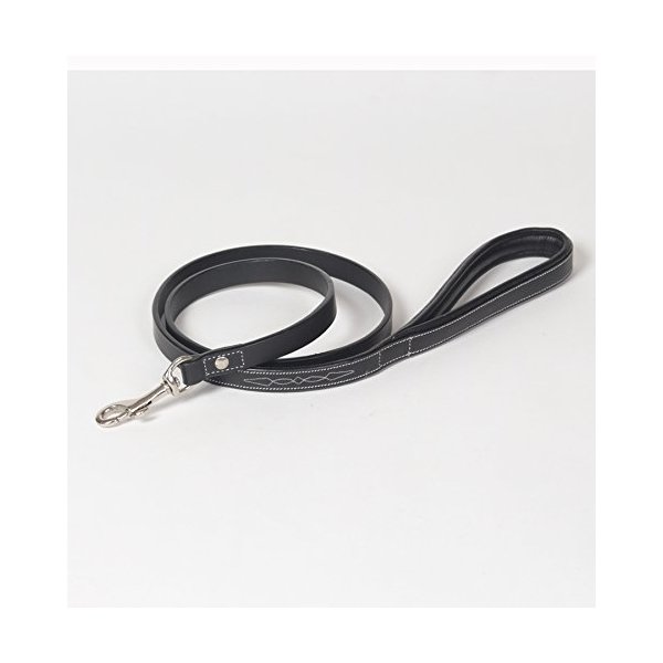 Small Decorated Genuine Leather Dog Leash – 4 Feet with Padded Handle, Black Leather with White Hand-Stitched Design