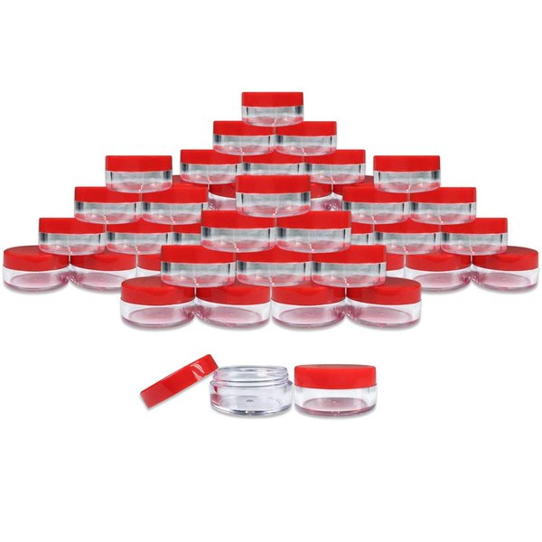 Beauticom 40 pcs 10 Gram (0.35 oz) Plastic Pot Jars with Red Lid for Lip Balms, Salves, Creams, Cosmetics, Nail Accessories, Rhinestones, Herbs, Spices - BPA Free (Red Screw Lid)