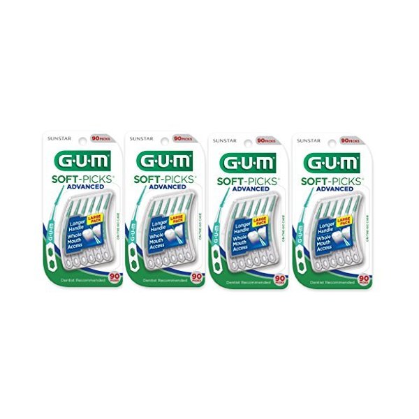 GUM Soft-Picks Advanced, Easy to Use Dental Picks for Teeth Cleaning and Gum Health, Disposable Interdental Brushes with Convenient Carry Case, Dentist Recommended Dental Floss Picks, 90ct (4pk)