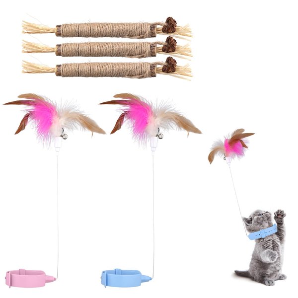 PEUTIER 2pcs Silicone Collar Cat Toys & 3pcs Cat Teasing Wands, Adjustable Cat Wand Toy Cat Feather Toys Catnip Chew Toys Silvervine Sticks Interactive Cat Teaser Toys for Indoor Cat Kitten Exercise