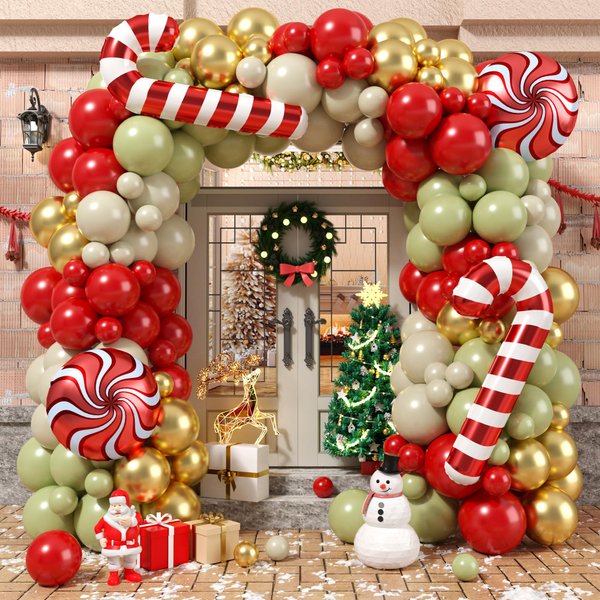 Christmas Balloon Garland Kit, Sage Green Red Gold Christmas Balloon Arch Kit with Cream Balloons Candy Cane Christmas Foil Balloon for Christmas Party Decorations New Year Party Supplies