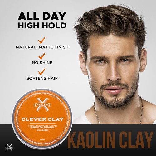 Steezee Clever Clay - Natural Finish Styling Hair Clay for Men - All Hair Types - Reworkable All Day Hold- Cruelty Free- Paraben & Sulphate Free, 3.4 oz