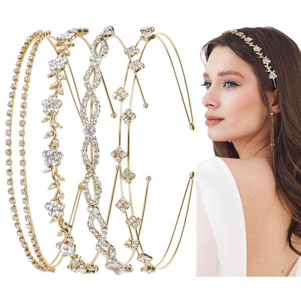 WOVOWOVO 4 Pcs Rhinestone Headbands for Women Gold Bridal Headband Crystal Flower Girl Headpiece Flower Leaf Tiara Crown Head Band Wedding Hair Accessories for Girls