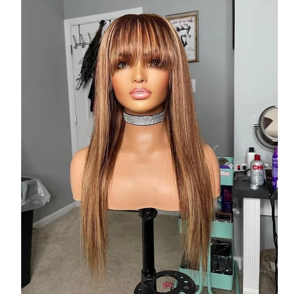 Highlight #4/27 Color Straight Wigs with Bangs Human Hair Wigs for Women 13x4 HD Lace Front Wigs Brazilian Virgin Hair Glueless Wig Pre Plucked Natural Hairline 150% Density (18inch, #4/27 color)