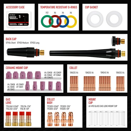 RX WELD 79PCS TIG Welding Torch Stubby Gas Lens #10#12 Pyrex Glass Cup Kit For WP-17/18/26