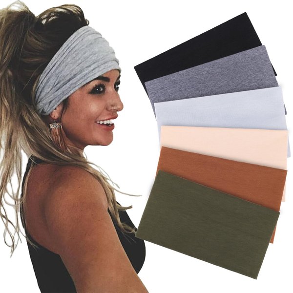 XTREND 6 Packs Wide Headbands for Women Stretch Fashion Headband Hair Band Turban Sports Workout Hairband Girls Accessories (Black, Coffee, Beige, Dark Gray, Light Gray, Army Green)