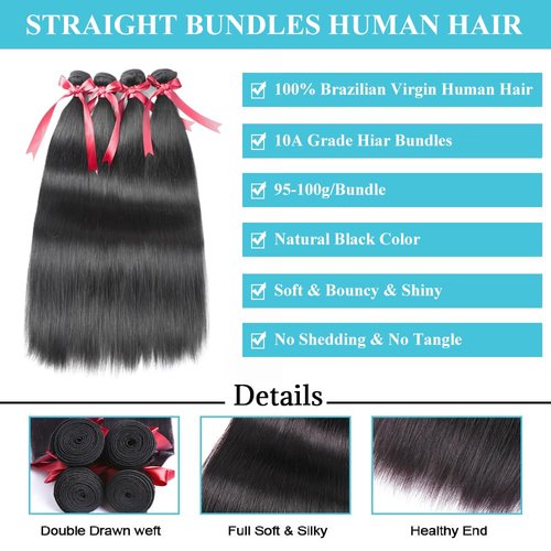 ALLRUN Straight Bundles Human Hair 14 16 18 18Inch Straight 4 Bundles 100% Unprocessed Brazilian Virgin Raw Hair Weave Straight Human Hair Bundles Human Hair Extensions Natural Black
