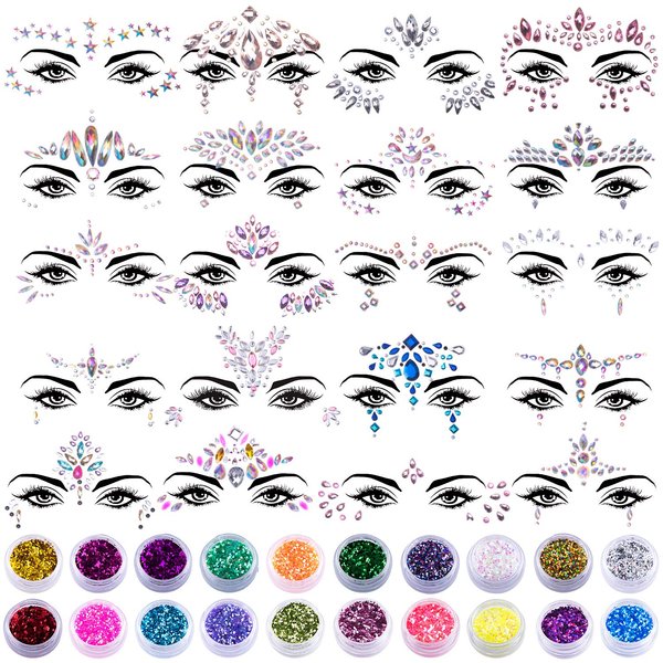 SIQUK 20 Sets Face Jewels Glitter Mermaid Face Jewel Stickers with 20 Boxes Chunky Face Glitter Crystal Face Gem for Festival Rave Carnival Party
